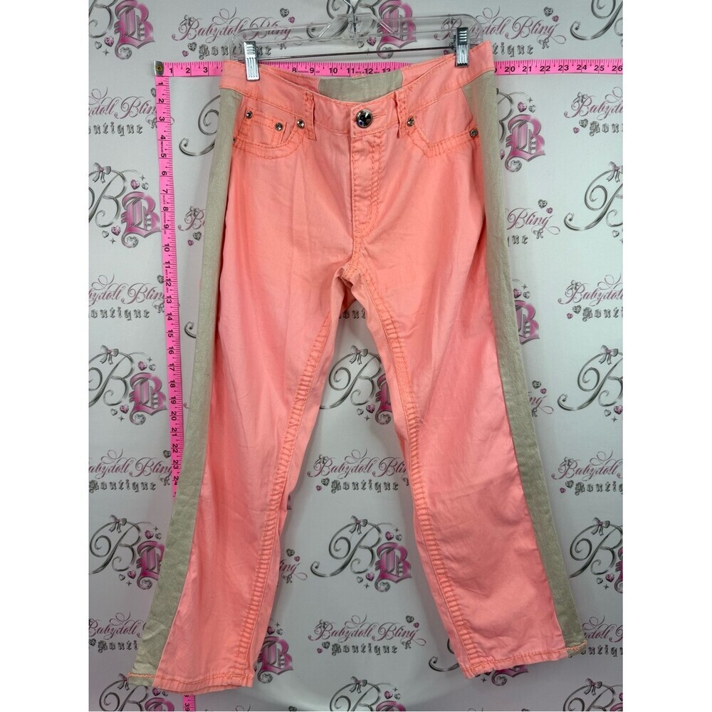 Pants neon orange coral rhinestone crystals Peach Side-Stripe Casual Pants